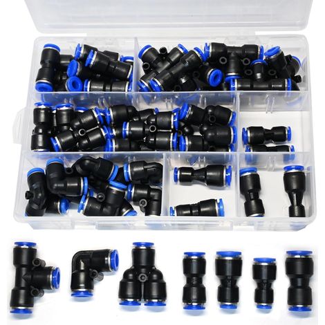 Lot de 46 raccords pneumatiques rapides de 8 mm - Droits, coudés, en T, répartiteurs en Y et réducteurs - Connecteur de tuyau d'air pour tuyaux en polyuréthane/nylon/polyéthylène (1/5)