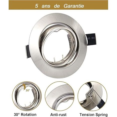 Recessed Spotlight Frame GU10 Adjustable 30° for 68 mm with GU10 Socket for LED, MR16 or Halogen Bulbs, Brushed Stainless Steel Recessed LED Spotlight Ceiling (1/5)