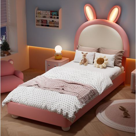 Cama individual 90x200 cm con cabecero de conejo, LED, en tela, rosa, sin colchón (1/5)