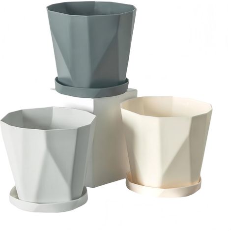 Ensemble de 3 pots de fleurs ronds, diamètre 13 cm, avec soucoupe en plastique, résistants aux intempéries, grands pots de fleurs