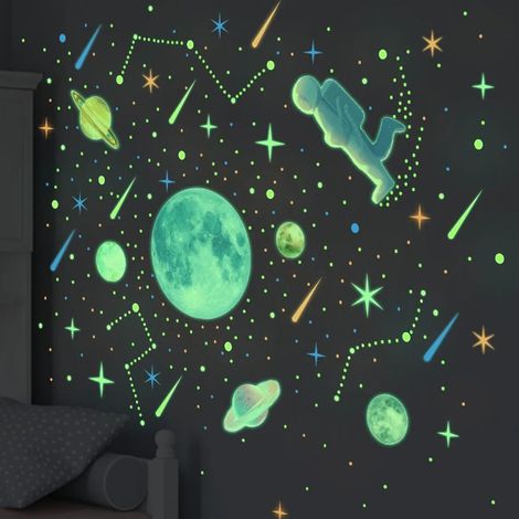 20 x 28 cm x 4 Bögen, 849 phosphoreszierende fluoreszierende Aufkleber zum Thema Sternenhimmel, Astronauten, Planeten und Sterne, für Kinderzimmer und Schlafzimmer. (1/5)