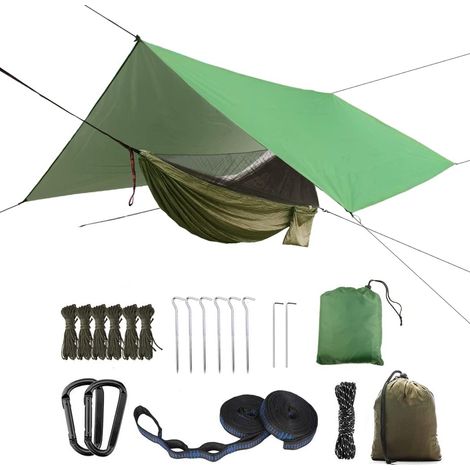 Tragbare Camping-Hängematte, Einzel-/Doppelhängematte, Moskitonetz, Regenschutzzelt, Hängematte aus hochfestem Fallschirmgewebe. Geeignet für den Außenbereich.