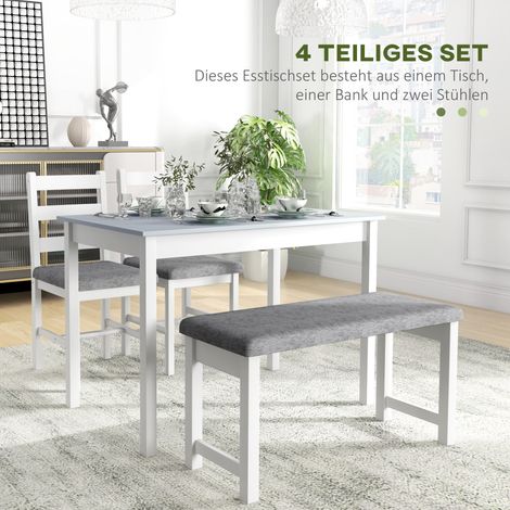 Ensemble de salle à manger 4 pièces, table, banc et deux chaises, gris et blanc.