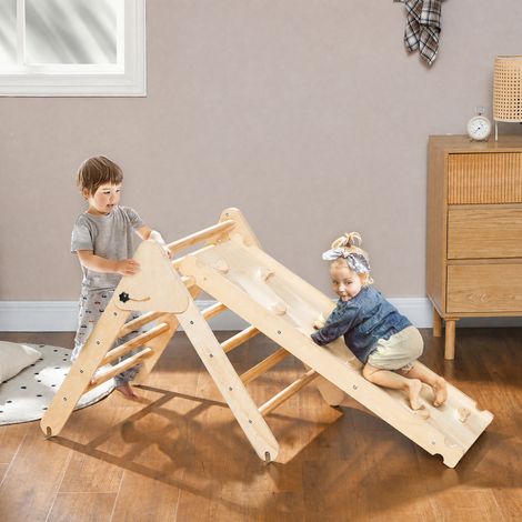 Triangle d'escalade, 3 en 1 en bois pour grimper et glisser, charge max. 50 kg, pour 18-48 mois, bois naturel (1/5)