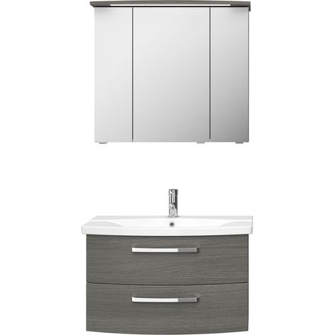 Badmöbel-Set FES-4010-66 Waschtisch und Spiegelschrank in Dekor Graphit Struktur quer Nb. - B/H/T: 84/175/46cm (1/5)