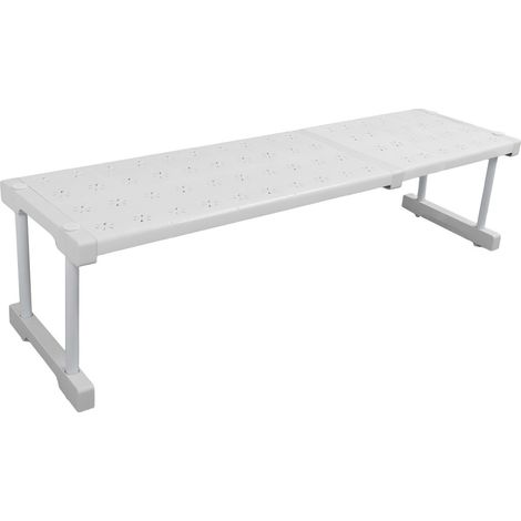 Étagère extensible pour placard, gain de place, réglable, avec système de tension pour lavabo. Largeur : 24 cm, hauteur : 22 cm, longueur : 67 à 88 cm (26,4 à 34,6 po). (1/5)