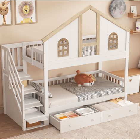 Letto a castello 90x200 in legno bianco/naturale con contenitore, senza materassi – MEUBLIV (1/5)