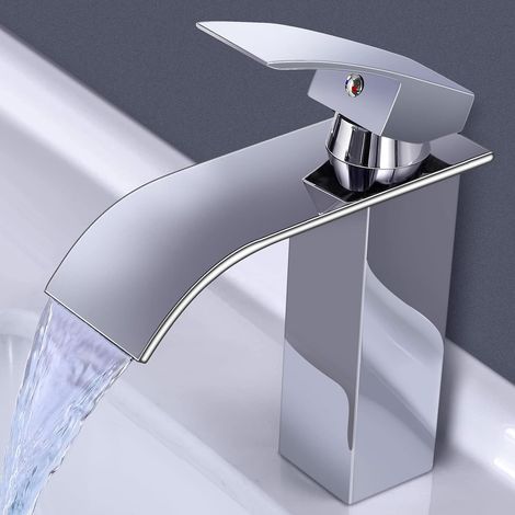 Kaelt - robinet d'évier, robinet de cascade de salle de bain, mélangeur en laiton à poignée unique, évier de robinet magnifiquement conçu, robinet de baignoire chaude et froide, chrome (1/5)