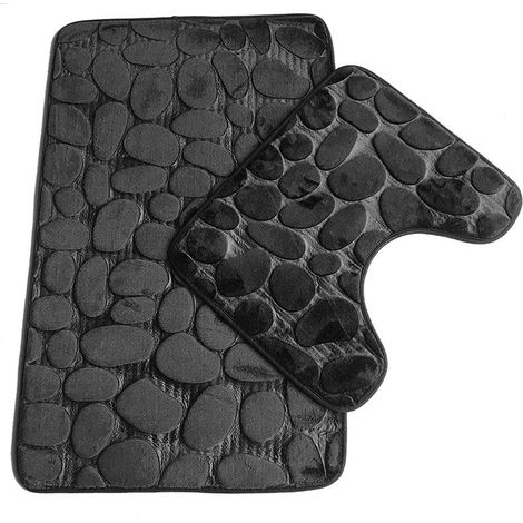 Lot de 3 tapis de bain antidérapants en relief imitation pavés pour salle de bain, avec couvercle de toilette, idéal pour les hôtels (noir).