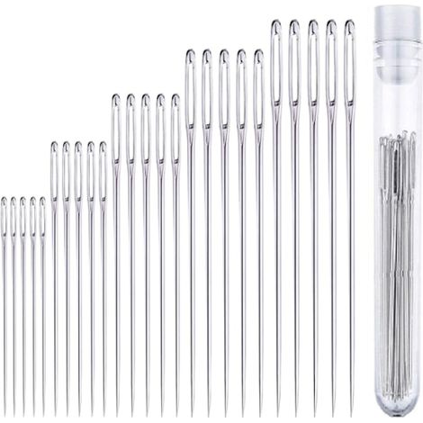 25 grandes aiguilles à coudre à gros chas - Aiguilles à coudre à la main en acier inoxydable, rangées dans un tube pratique. (1/2)