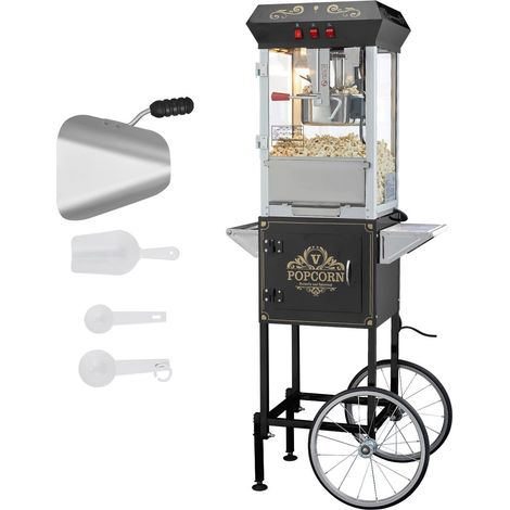 Machine à pop-corn avec chariot 850 W, cuve 225 g pour 48 tasses, couvercle en verre trempé, style cinéma, noire (1/5)
