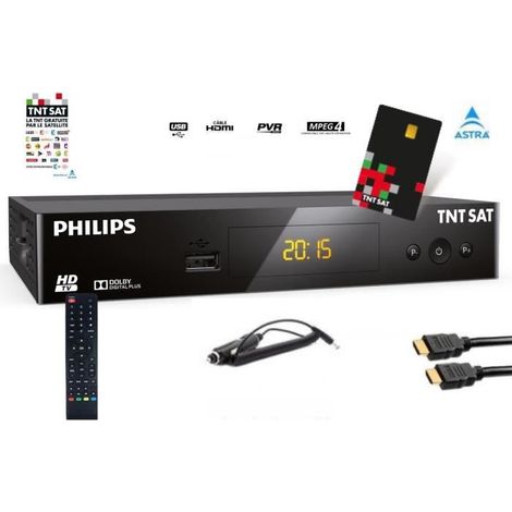 Récepteur PHILIPS DSR 3231T , Démodulateur Satellite HD TNTSAT, Noir, Haute définition +Câble HDMI + Câble 12V+ carte TNT SAT