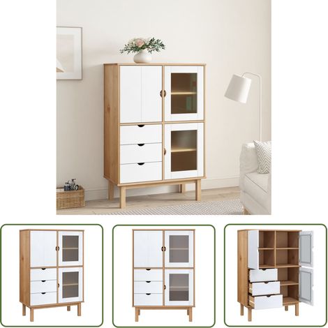 The Living Store Buffet haut OTTA marron et blanc 85x43x125 cm bois massif pin - Buffet - Armoire - Meuble De Rangement - Mobilier - Bois Massif (1/5)