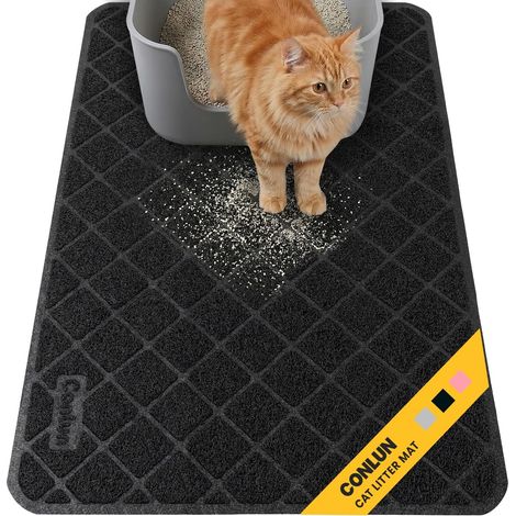 Cat Litter Tray Mat, Cat Litter Mat, 61 x 43 cm Cat Litter Tray Mat, Grid Mesh Litter Control Design, Cat Litter Tray Underlay, Waterproof Urine Resistant Material, Easy to Clean (Black) (1/5)
