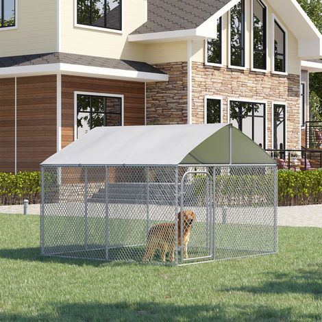 Chenil extérieur avec toit pour chien 5 m² parc grillagé espace couvert acier galvanisé 230 x 230 x 175 cm