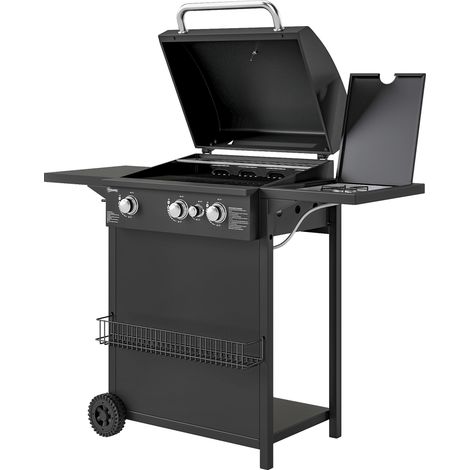 Barbecue à gaz avec brûleurs indépendants, couvercle avec thermomètre et tablette latérale, noir (1/5)