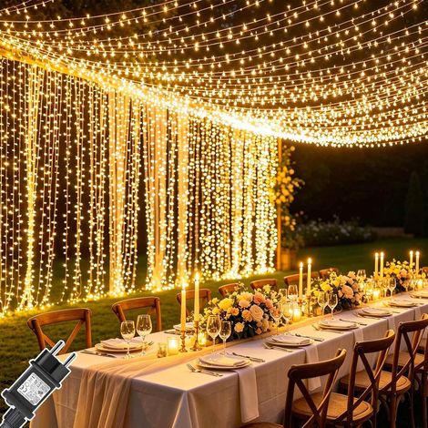 2 Pièces Rideau Lumineux 6x3m 600 LED Guirlande Lumineuse 8 Modes Cascade Lumineuse avec Minuterie, Étanche pour Décoration Jardin Noël Extérieur, Pergola, Tonnelle, Fenêtre - Blanc Chaud (1/5)
