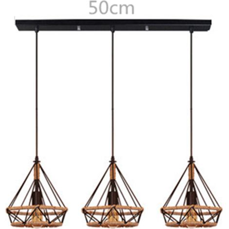 Lustre Suspension Industrielle Design 3 Lampes Diamant Chanvre Corde Métal L50cm (1/5)