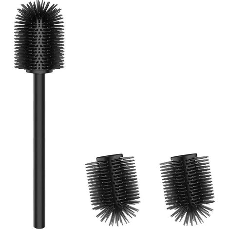 Cepillo de inodoro de silicona, cepillo de inodoro con 2 cabezales, cepillo de inodoro de 7,5 cm de diámetro de acero inoxidable 304 para la limpieza del baño (TPR negro) (1/5)
