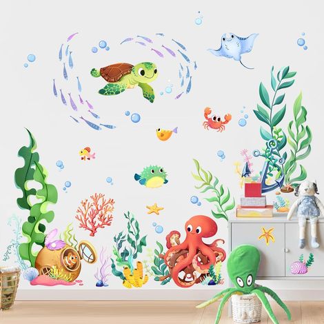 Stickers Muraux Enfants Poissons Autocollants Muraux Océan avec Pieuvre, Tortue et Algue marine Décoration salle de bain, Chambre Enfant, Nursery (1/5)