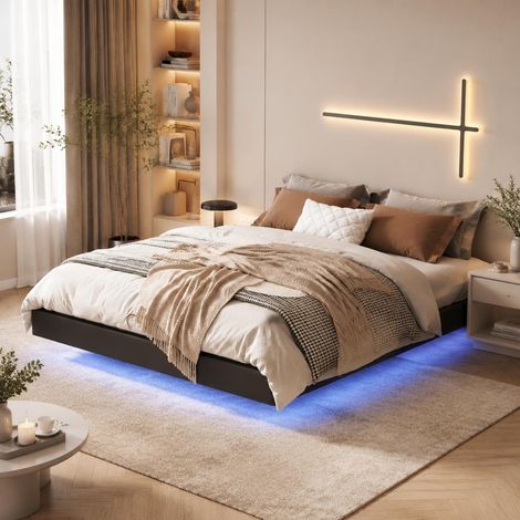 Cadre lit coffre sans tête 160x200 cm en simili cuir noir, bandeau LED sous lit, port USB (1/5)