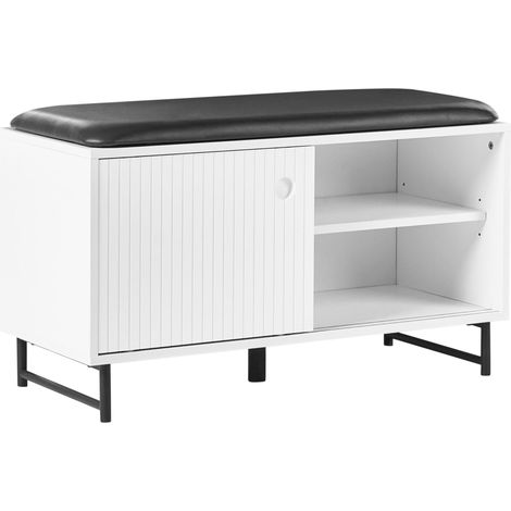 Mobile porta scarpe a 2 scomparti con seduta imbottita, ante scorrevoli in MDF, bianco Batoche