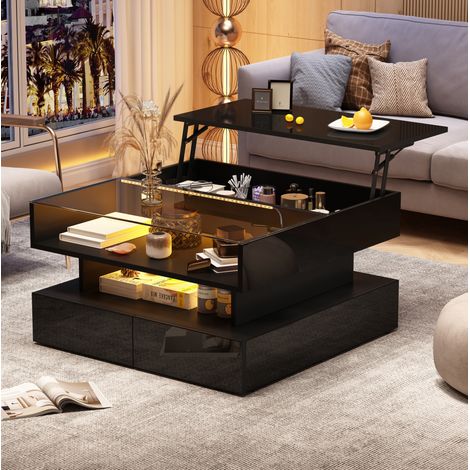 Mesa salón elevable con LED y almacenamiento negro OKMYHOME (1/5)