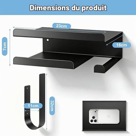 Porte Papier Toilette Autocollant, Porte Papier WC avec Étagère, Porte Rouleau Papier Toilette en Acier Inoxydable avec Méthodes de Montage (Noir) (1/4)