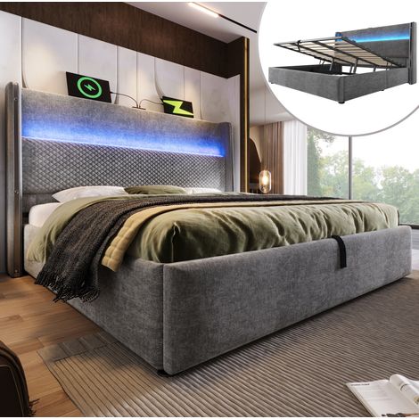 Cama con almacenamiento hidráulico de lino gris 160x200 cm con LED, USB/Type-C y somier de láminas (1/5)