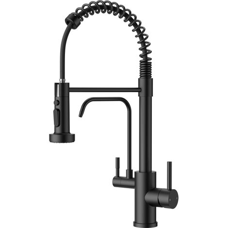 Robinet Cuisine 3 Voies avec Sortie Séparée pour Eau Filtrée, Mitigeur Inox 2 en 1 avec Douchette Extractible, 3 Modes de jet, 2 Leviers, Pivotant à 360°, Noir Mat (1/5)
