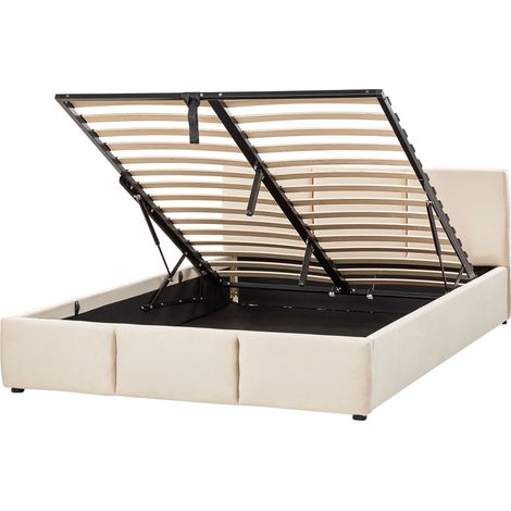 Modern Upholstered Ottoman Storage Bed EU Double Size Velvet Light Beige Bousse