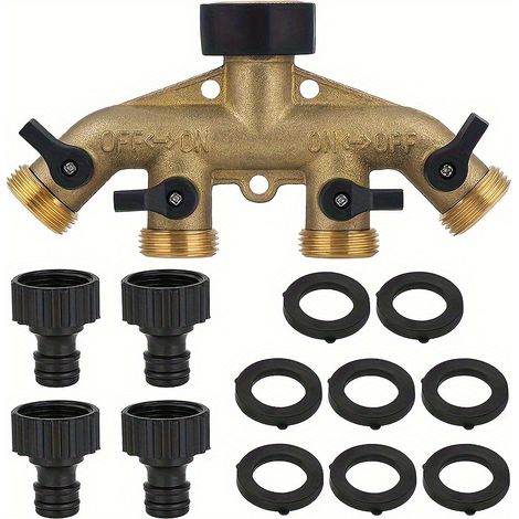 Répartiteur de Robinet de Jardin 4 Voies en Laiton – Diviseur d’Irrigation Multitâche avec Adaptateur, Filetage Européen 3/4"