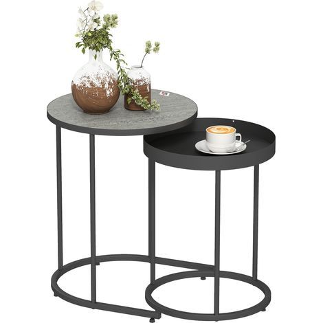 Ensemble de 2 tables de salon, empilables, avec plateau, en métal gris (1/5)