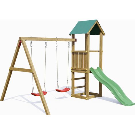Aire de jeu avec balançoire double – Toboggan vert 1,75m – Bois en pin autoclave classe 3 – Surface 5,8m² – Hauteur 2,45m – Fungoo (1/5)