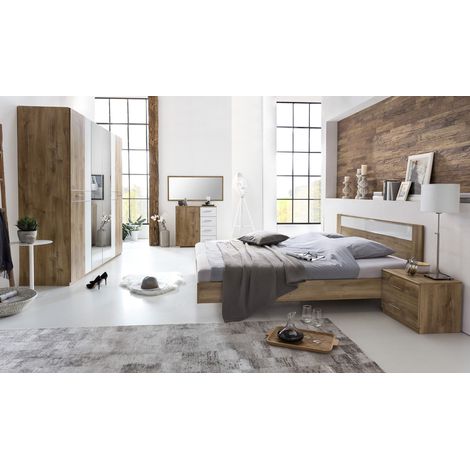 Chambre à coucher en panneaux de particules imitation chêne poutre/blanc/chrome - 140 X 200 cm - PEGANE - (1/3)