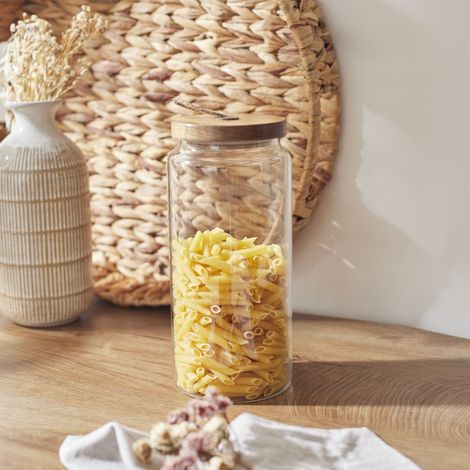Bocal en Verre - HOME DECO FACTORY - Couvercle en Acacia - Transparent
