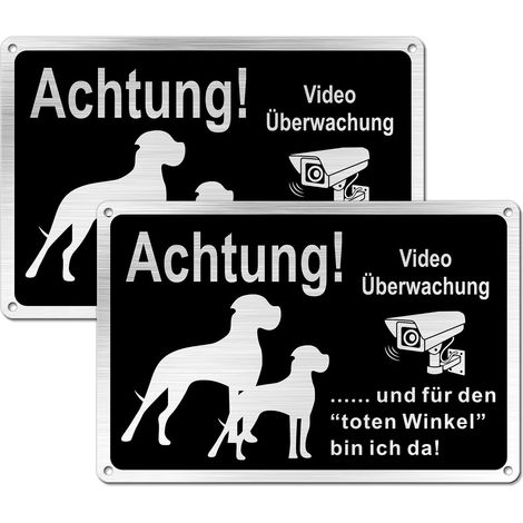 Lot de 2 panneaux d'avertissement humoristiques en aluminium brossé - 30 x 20 cm (A4) - Panneau de vidéosurveillance - Noir (1/5)