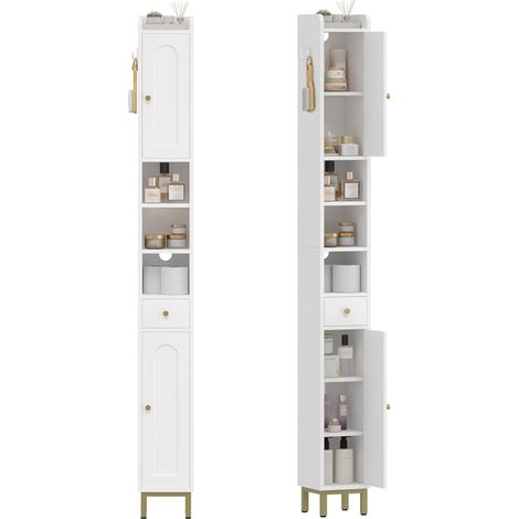 Colonne de salle de bain blanche avec 2 portes et 1 tiroir – Étagères réglables – Design en bois – Fond surélevé pour humidité