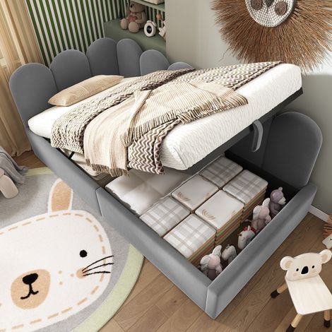 Letto contenitore bambini 90x200 cm con rete a doghe in metallo, in velluto grigio, materasso non incluso (1/5)