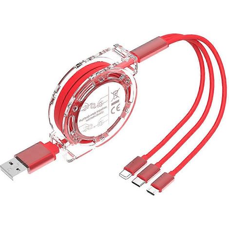 Câble de charge rétractable 0,9 m, adaptateur de charge 3 en 1 avec connecteurs USB-C et micro-USB, compatible avec l'interface Apple. (1/5)