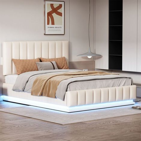 Lit coffre rembourré hydraulique 140x200 cm LED, cuir synthétique blanc - sommier à lattes métal, 2 places, sans matelas (1/5)