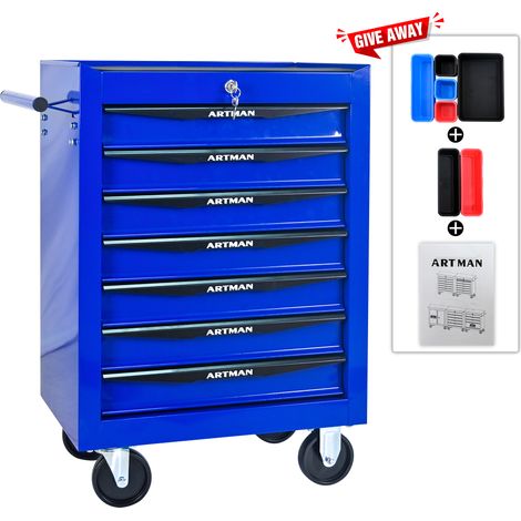 Armoire à outils mobile en métal à 7 tiroirs, 508 mm (20 pouces), avec 7 tiroirs et glissières à billes, boîte à outils de rangement en acier – noir et bleu (1/4)