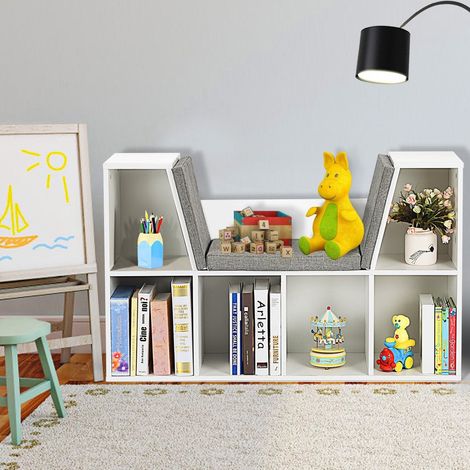 Libreria per bambini in legno con cuscini e scaffale a cubo da parete posteriore 1025 x 30 x 635 cm bianco