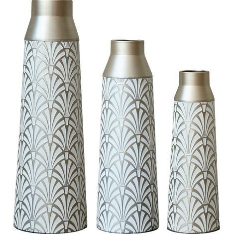 Lot de 3 vases de sol en métal, vases autoportants semi-faits main à motif éventail, décoration moderne blanc-argent pour salon, couloir, entrée, hauteurs 43,5/51/61 cm (1/5)