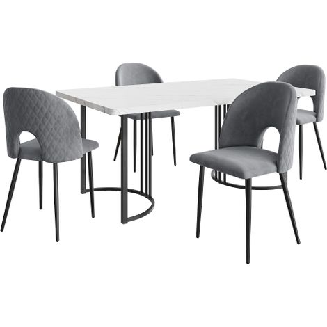 Essgruppe, (Set, 140 × 80cm Table à manger avec 4 chaises), Set de table de cuisine moderne, chaise à manger en velvet avec motif diamant, chaises réglables, velvet gris, plaque de table en MDF blanc,