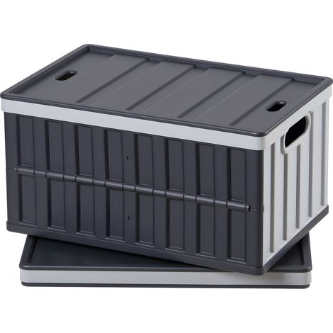 Mophorn Klappbox 65 L im 2er-Set, Faltbare Kunststoff-Aufbewahrungsboxen mit Deckel, Stapelbare Klappkörbe, Belastbarkeit 38 kg pro Box, Klappkiste für die Haushaltsorganisation, Grau & Schwarz (1/5)