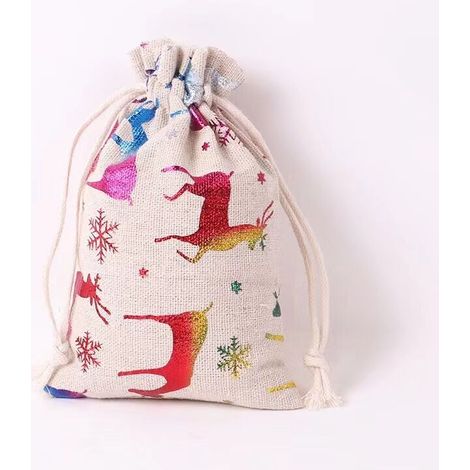 Linen bag, 10 pieces burlap drawstring bag star print jute bag for Christmas gift hanging bag Merry Snowflake Elk 10 × 14 cm (1/4)