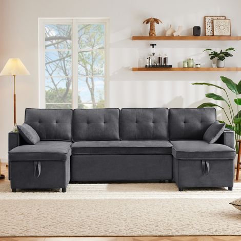 Schlafsofa U-Form Baumwoll-Leinenstoff Grau 270x130x86 cm mit Stauraum und Getränkehaltern
