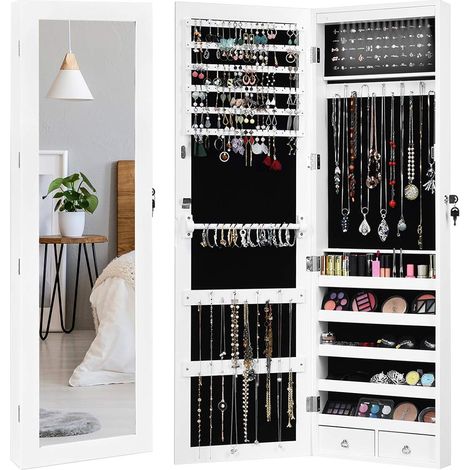 Costway – Armoire à bijoux murale avec éclairage LED – Miroir pivotant 27x110cm – 60 emplacements pour anneaux – 29 crochets pour colliers – 2 tiroirs
