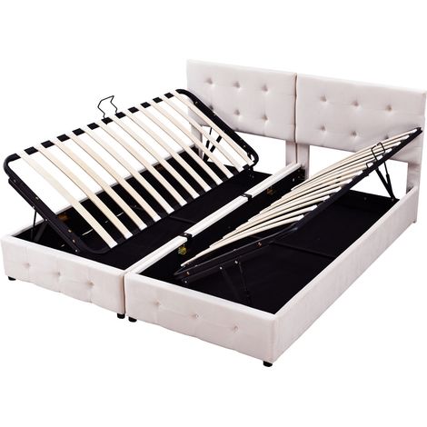 Cama con arcón capitoné 180 x 200 cm beige con elevación hidráulica MODENUIT (1/5)